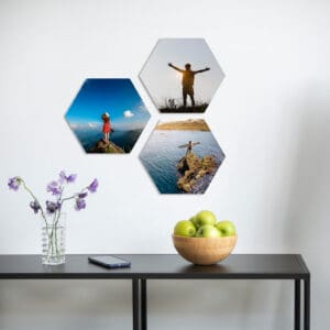 1. Fotografías de viajes y naturaleza en formato hexagonal, ideas para decoración de paredes.