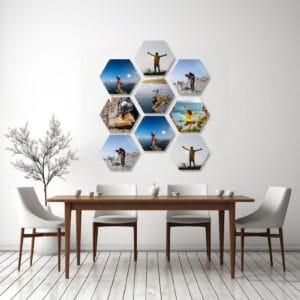 Paisaje de naturaleza con personas disfrutando outdoor, collage de fotos en hexágonos, decoración moderna en comedor.