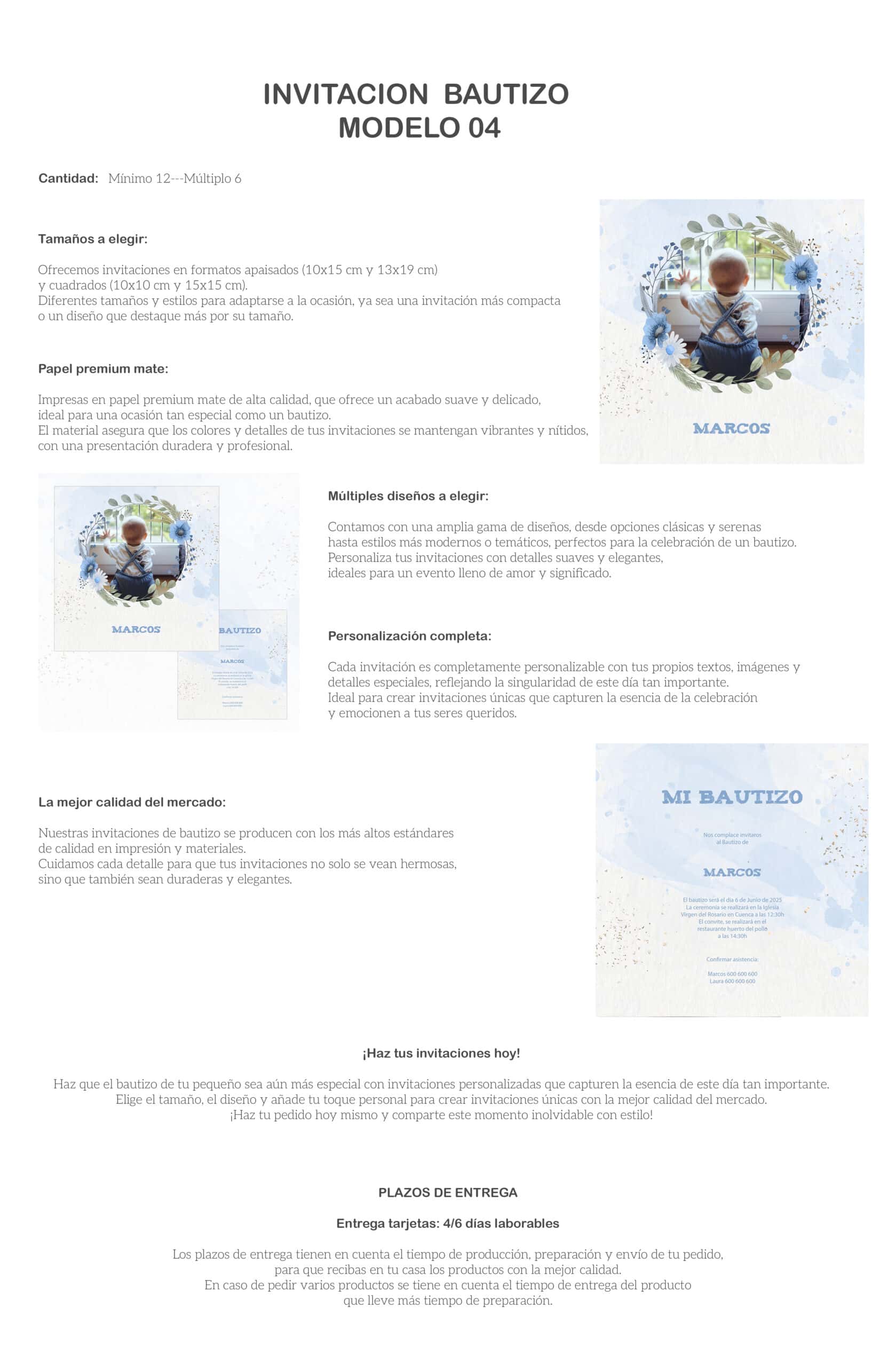 Invitación bautizo diseño personalizado con texto e ilustración floral azul y detalles elegantes.