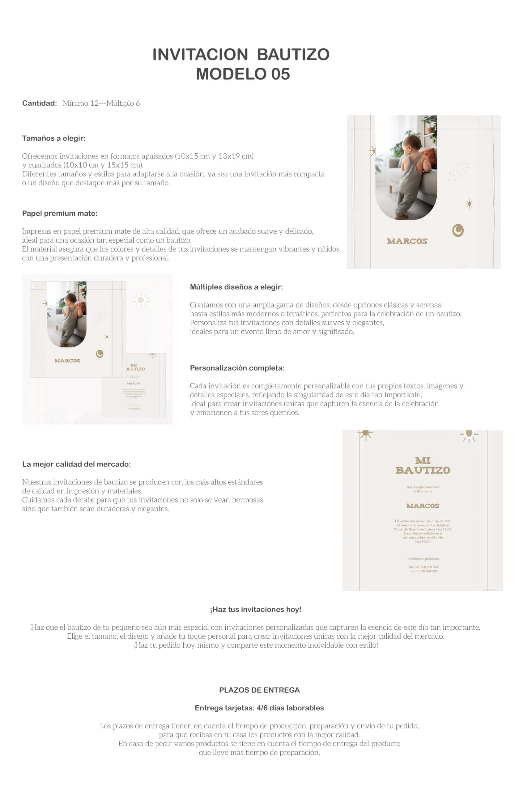 Invitaciones de bautizo personalizadas, estilo elegante y premium para momentos especiales.