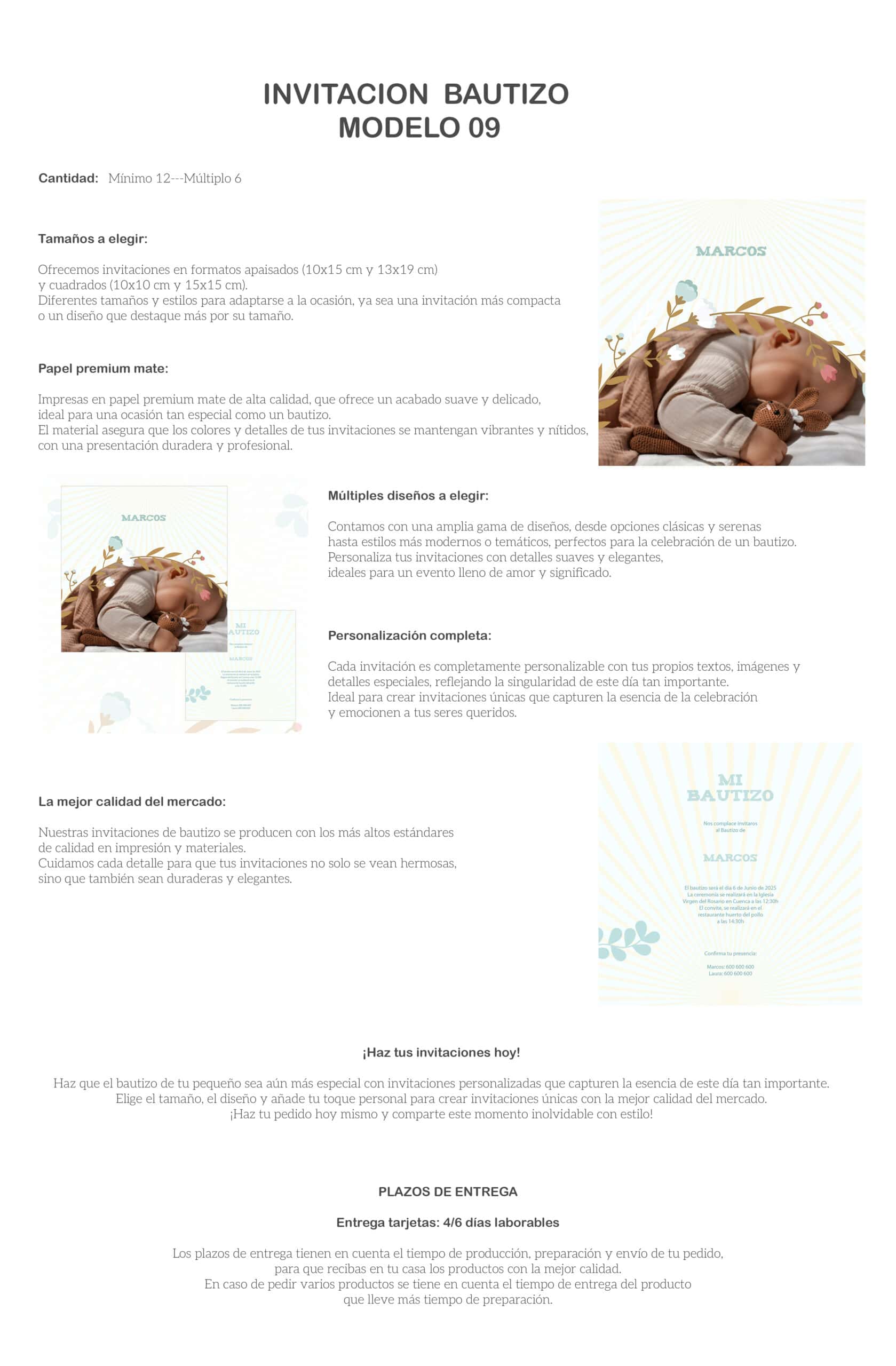 Invitación bautizo niños con diseño personalizado y papel premium mate de alta calidad.