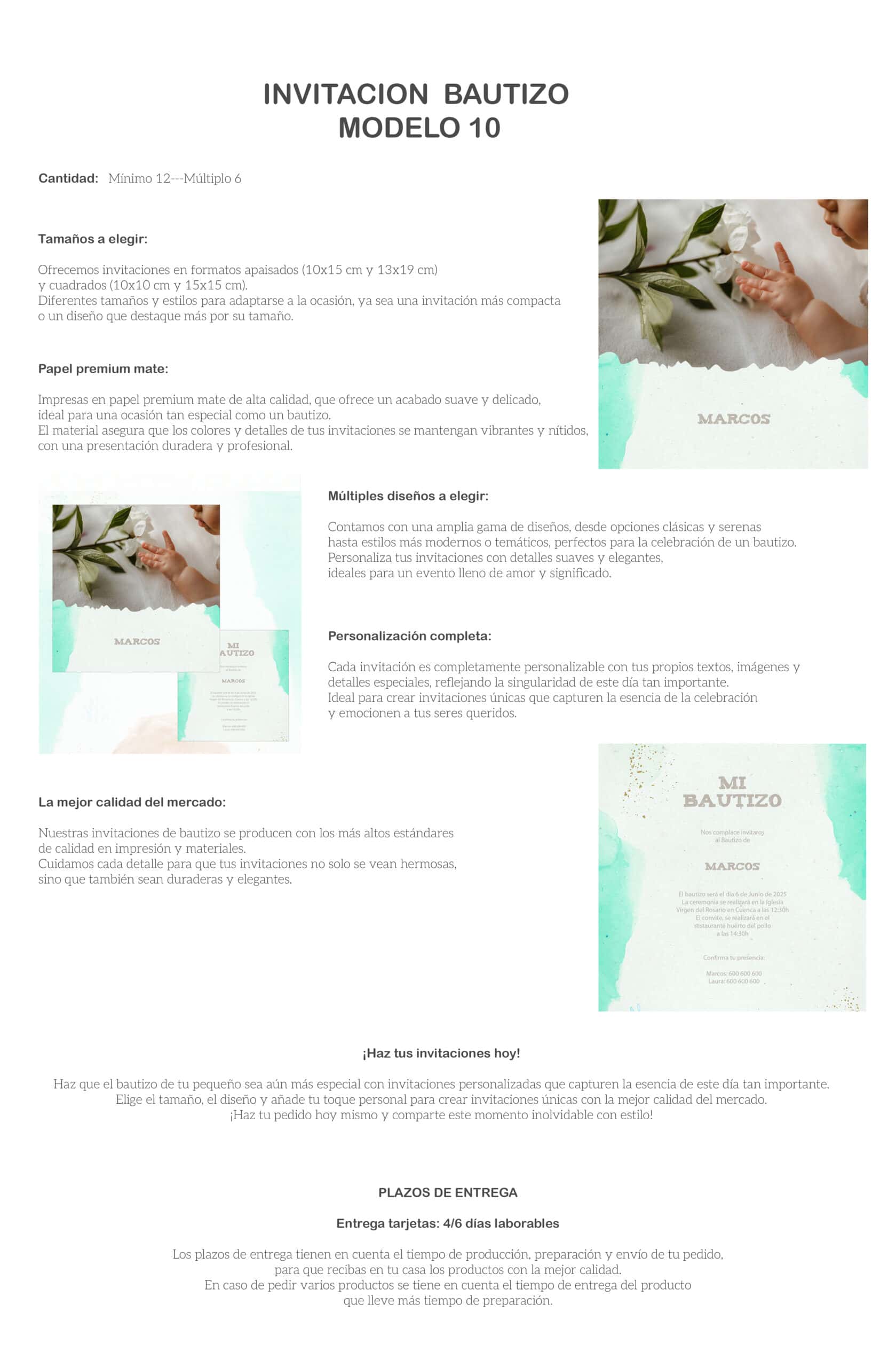 Invitación personalizada para bautizo con diseño moderno y elegante en tonos verdes y beige.