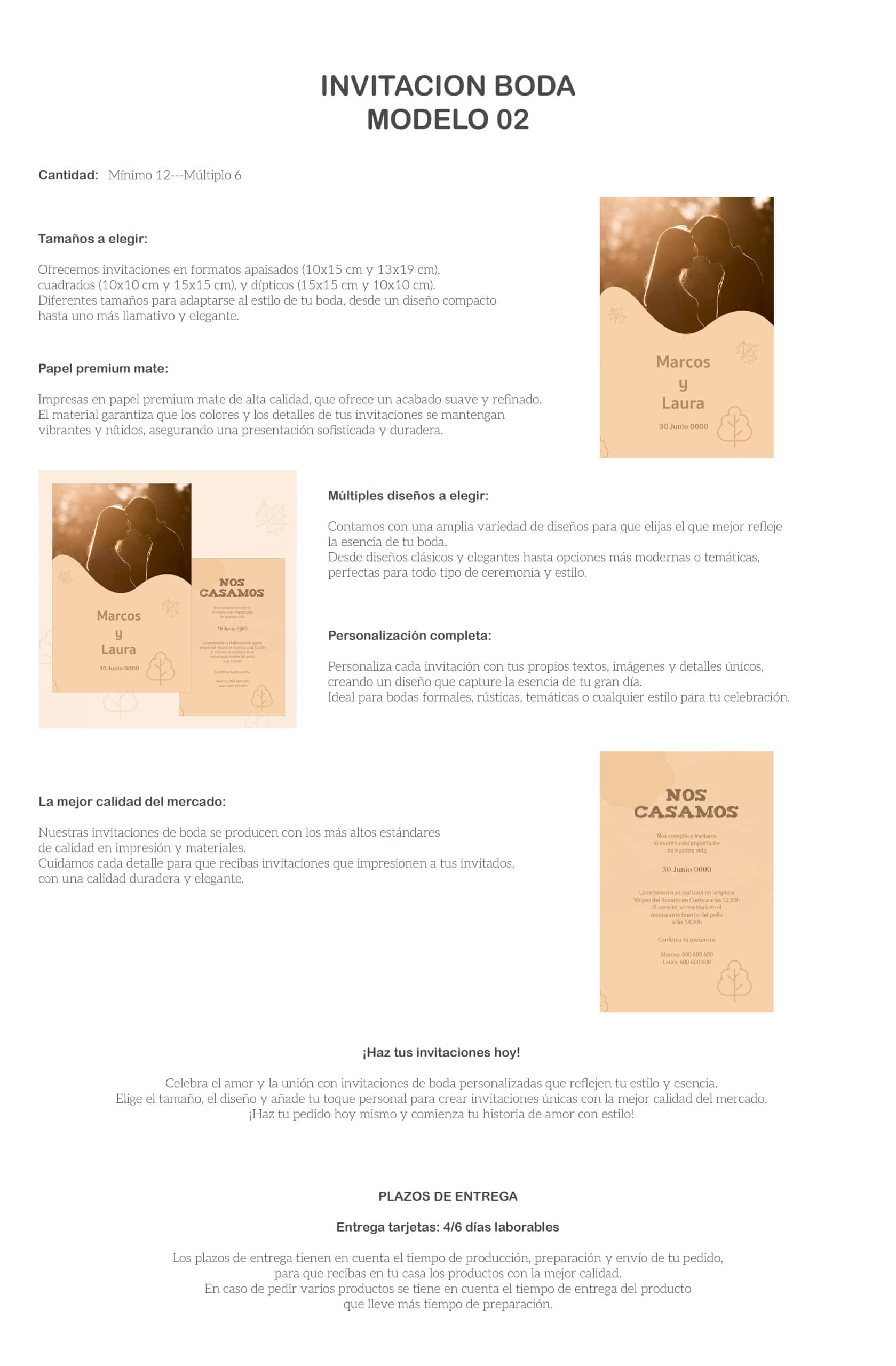 Invitaciones de boda en papel premium mate, diseños elegantes y personalizables para eventos especiales.