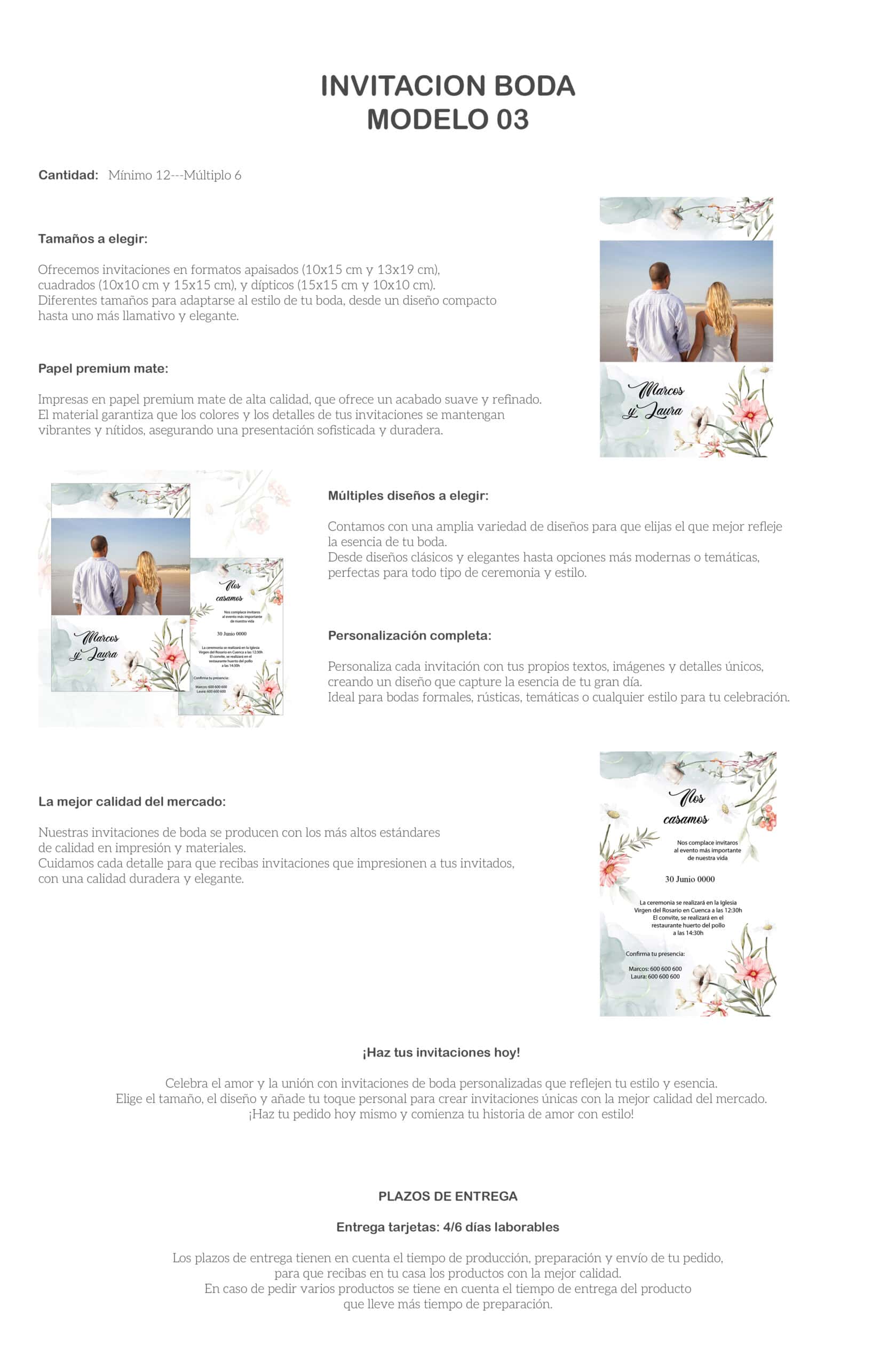 Invitación boda con diseño floral y fotografía de pareja, ideal para eventos elegantes y personalizados.