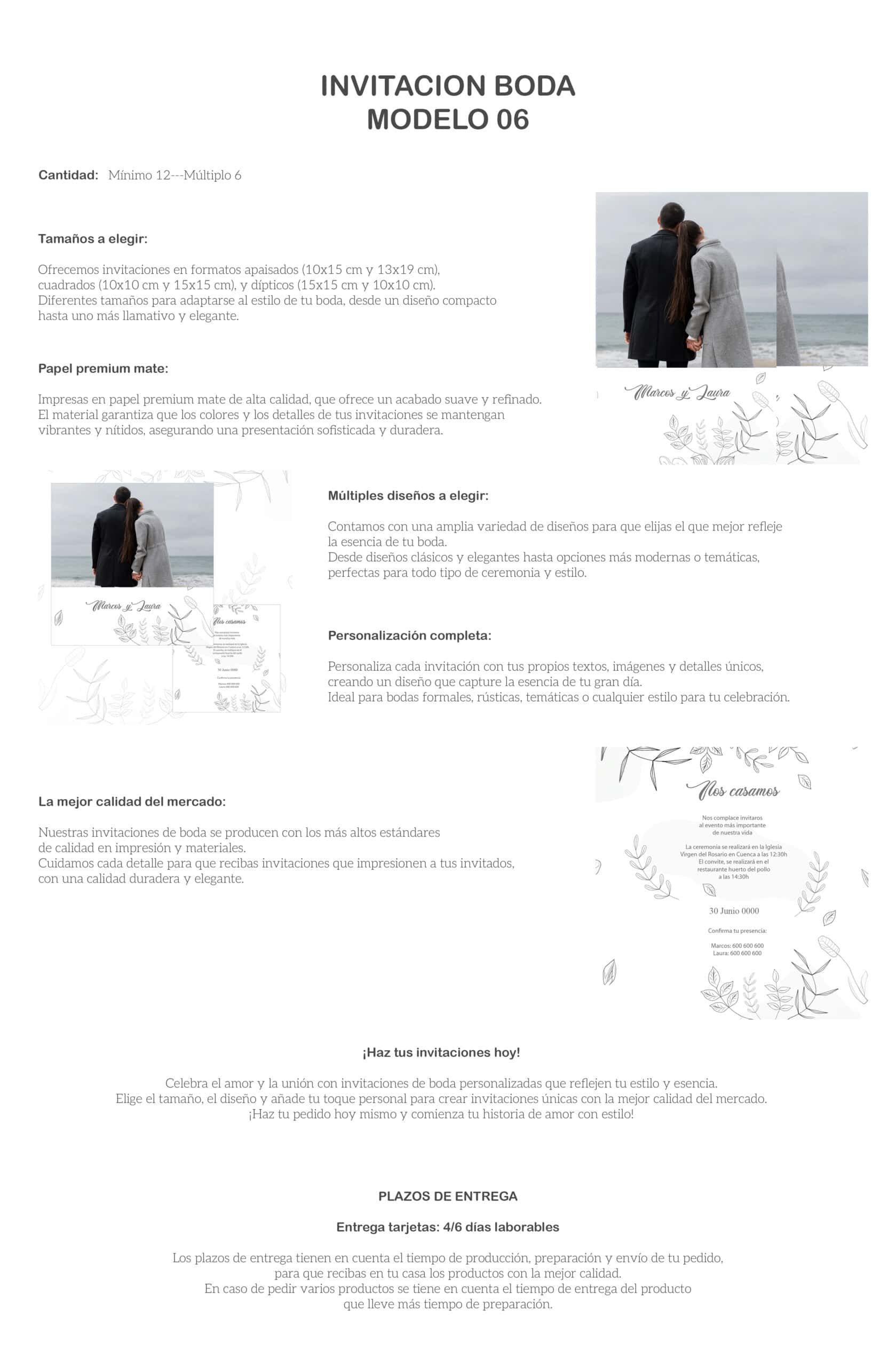Invitación boda moderna en color gris y blanco con pareja en la playa, ideal para eventos elegantes y románticos.