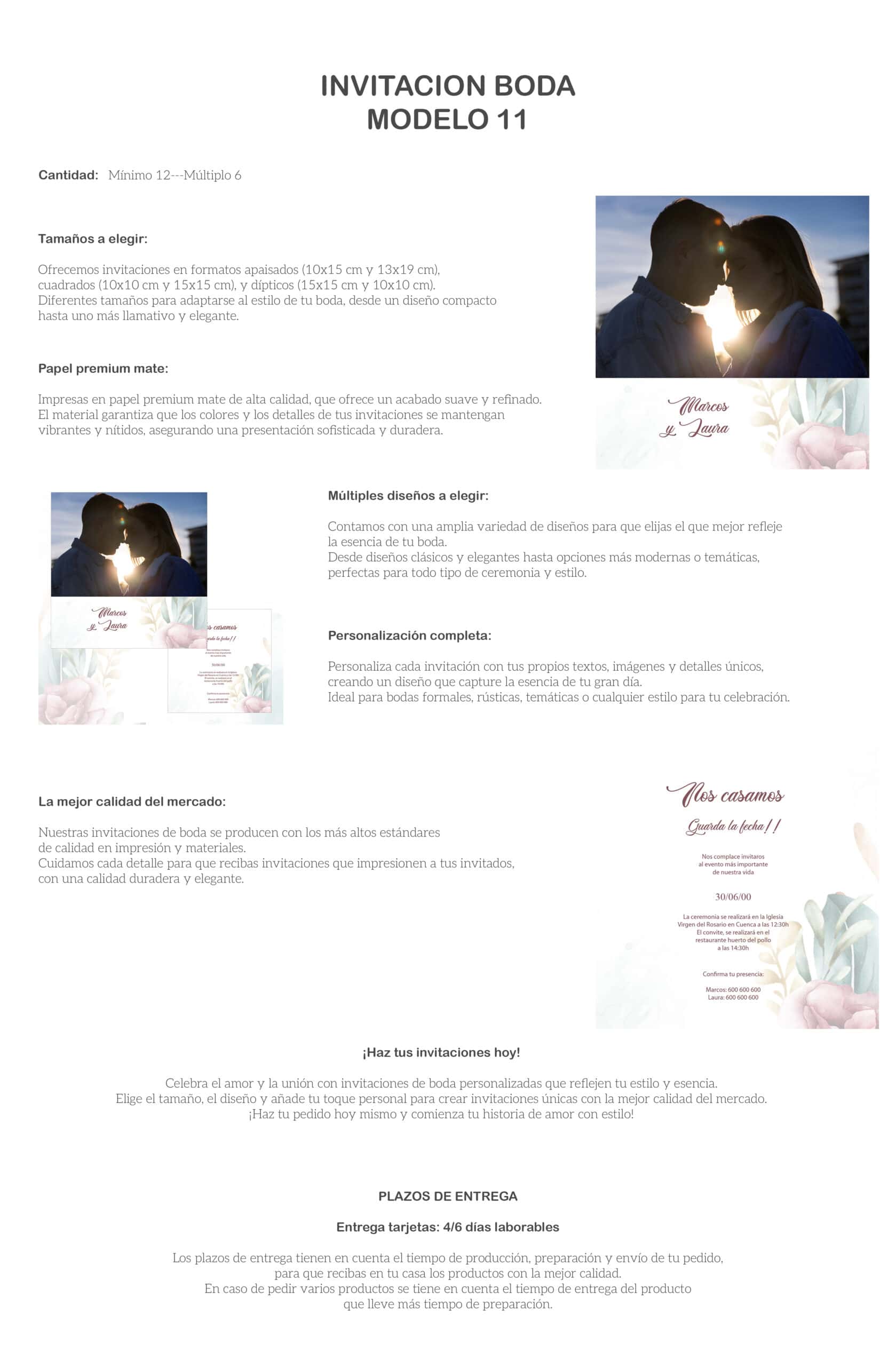 Invitación boda con pareja en silhouette al atardecer, estilo romántico y elegante.