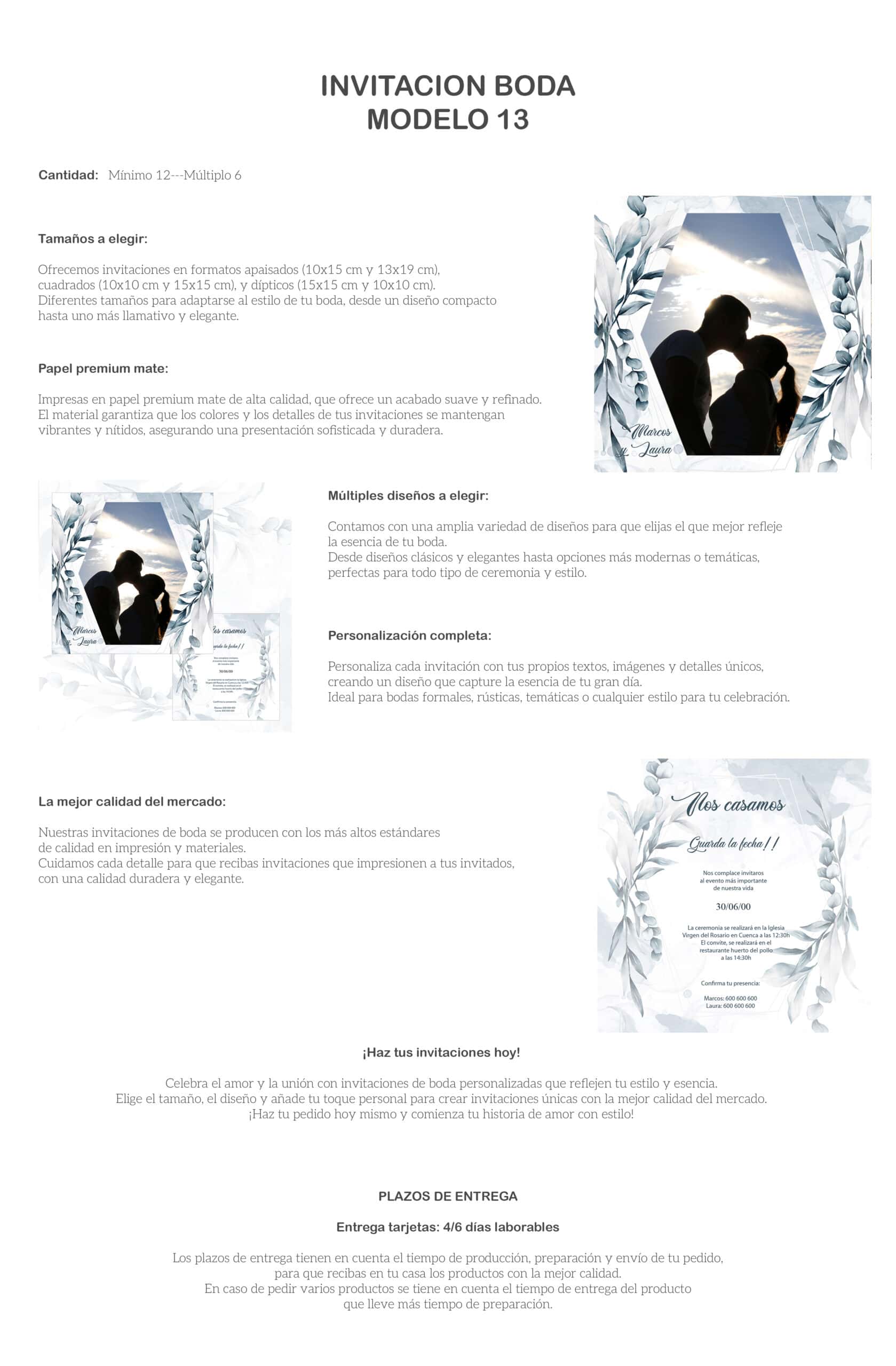 Invitaciones de boda en diseño elegante y personalizado, con varias opciones y alta calidad en impresión y materiales.