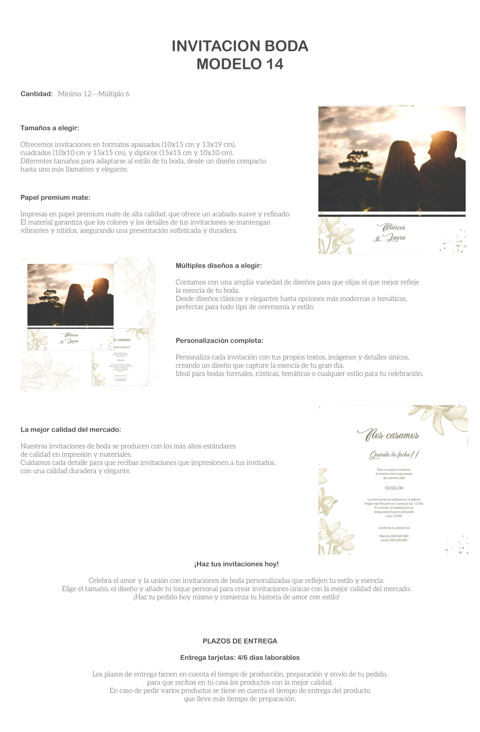 Boda romántica pareja en atardecer, invitaciones personalizadas y elegantes para eventos.