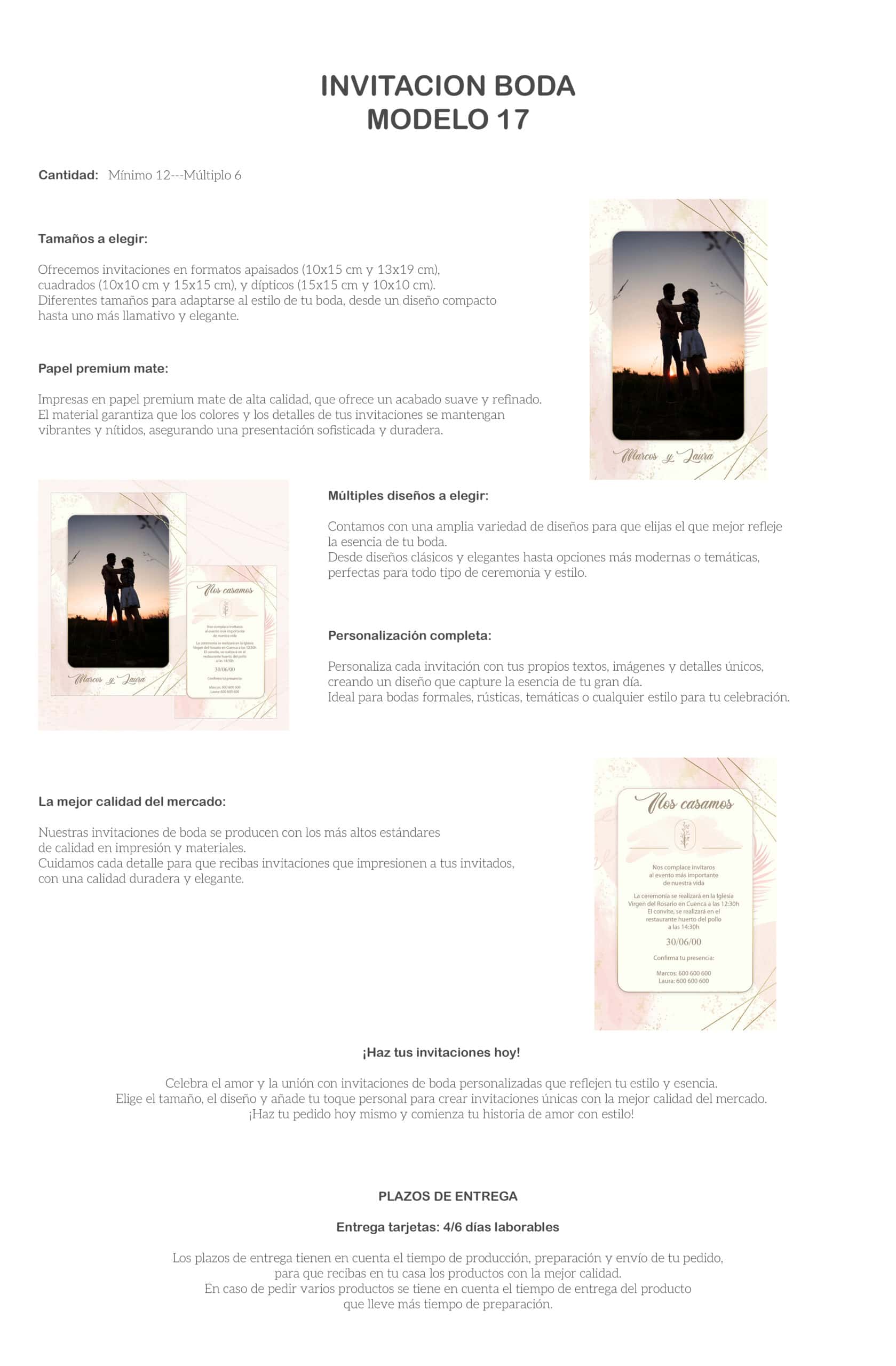 Invitación boda personalizada en papel mate de alta calidad, ideal para ceremonias elegantes y modernas.
