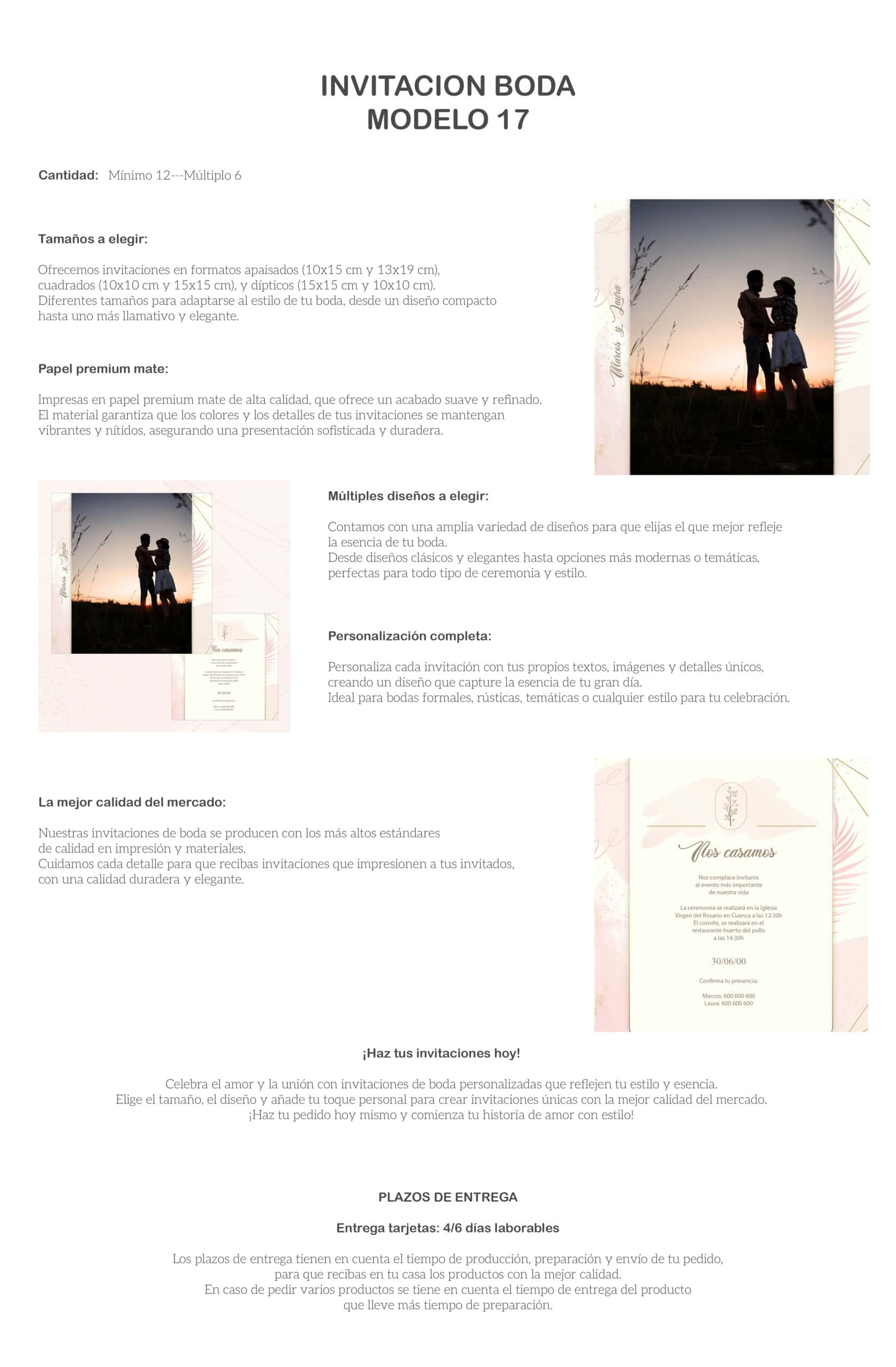 1. Invitación de boda en formato elegante con diseño clásico y personalizado en papel mate premium.