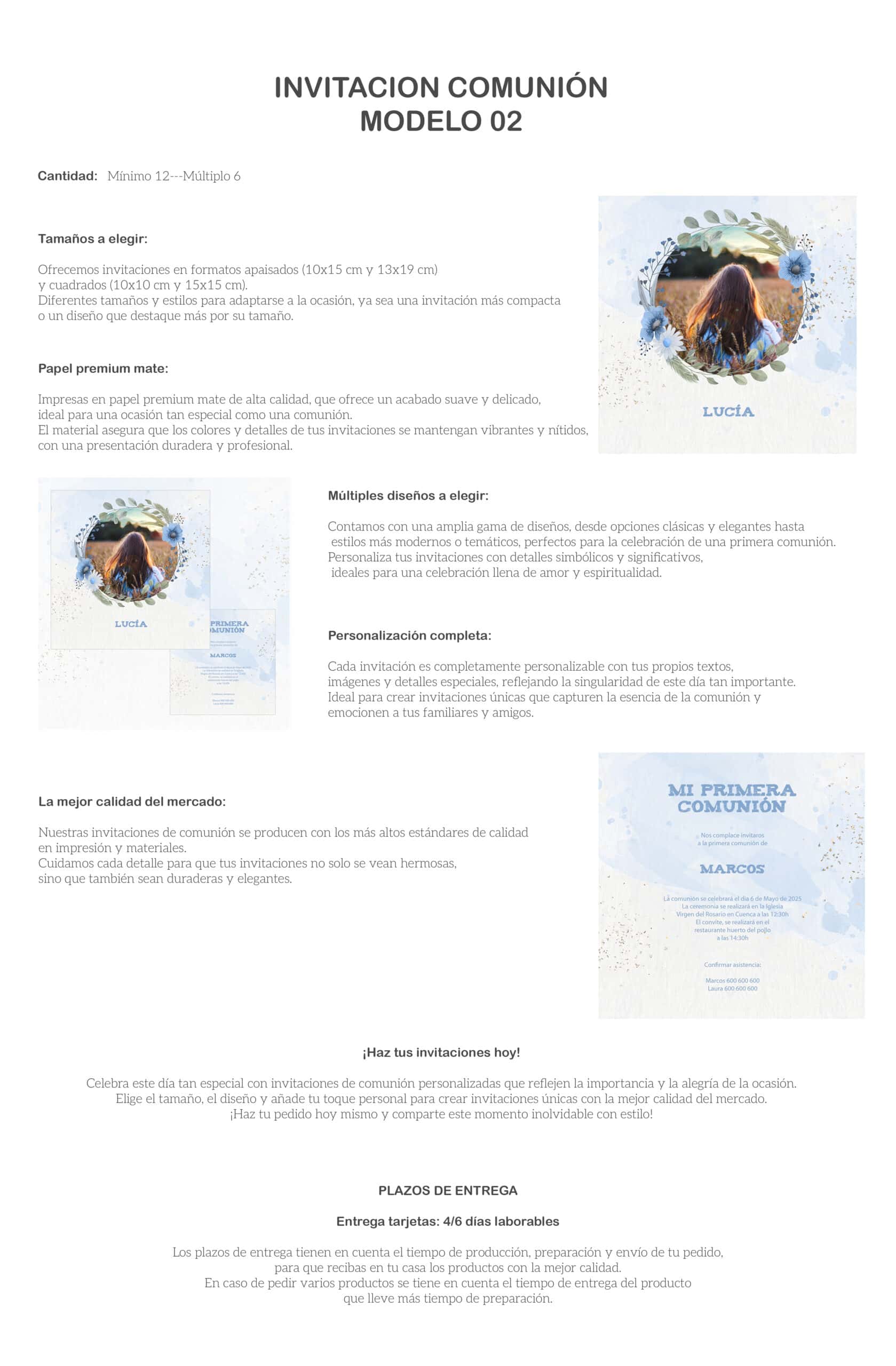 Invitación comunión personalizada con diseño floral y espacio para textos infantiles y familiares.