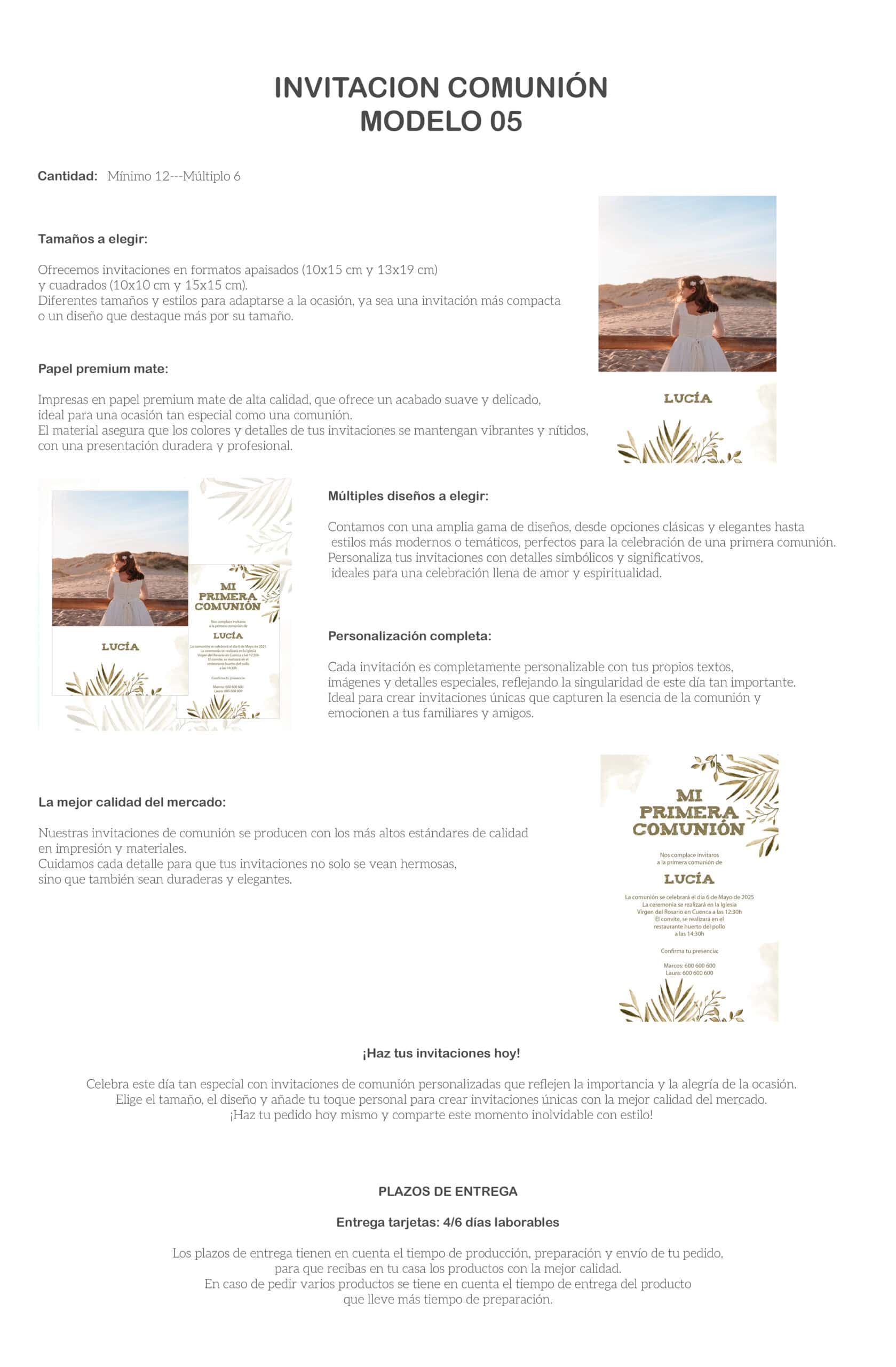 Invitación comunión personalizada diseño elegante y moderno, papel premium mate, alta calidad.