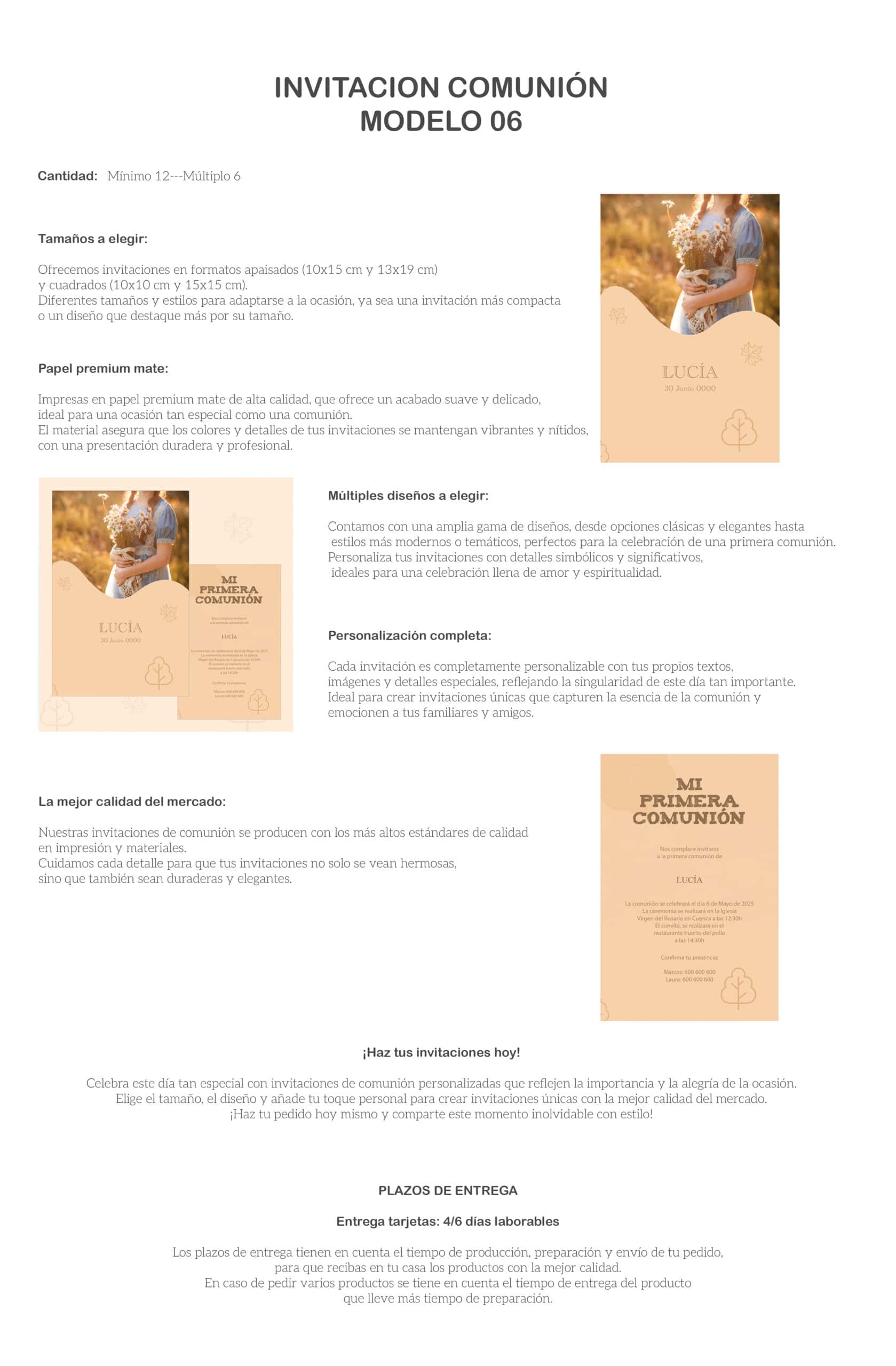 Invitación comunión modelo 06 con diseño personalizado y papel premium mate.
