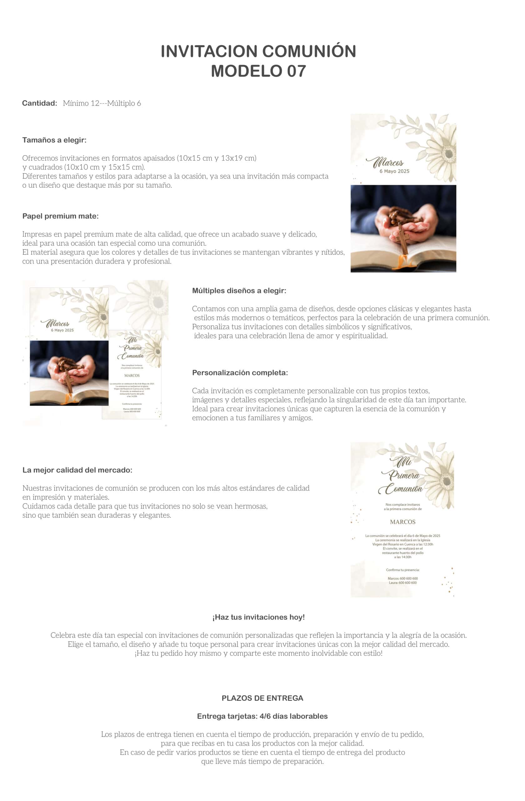 Invitación comunión personalizada en formato elegante y de alta calidad.
