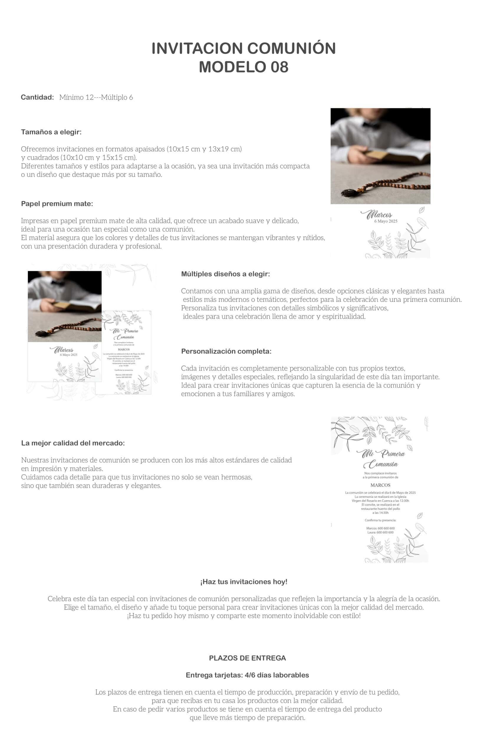 Invitaciones de comunión en papel premium mate, personalizables y en varios tamaños, ideales para celebrar un momento especial.