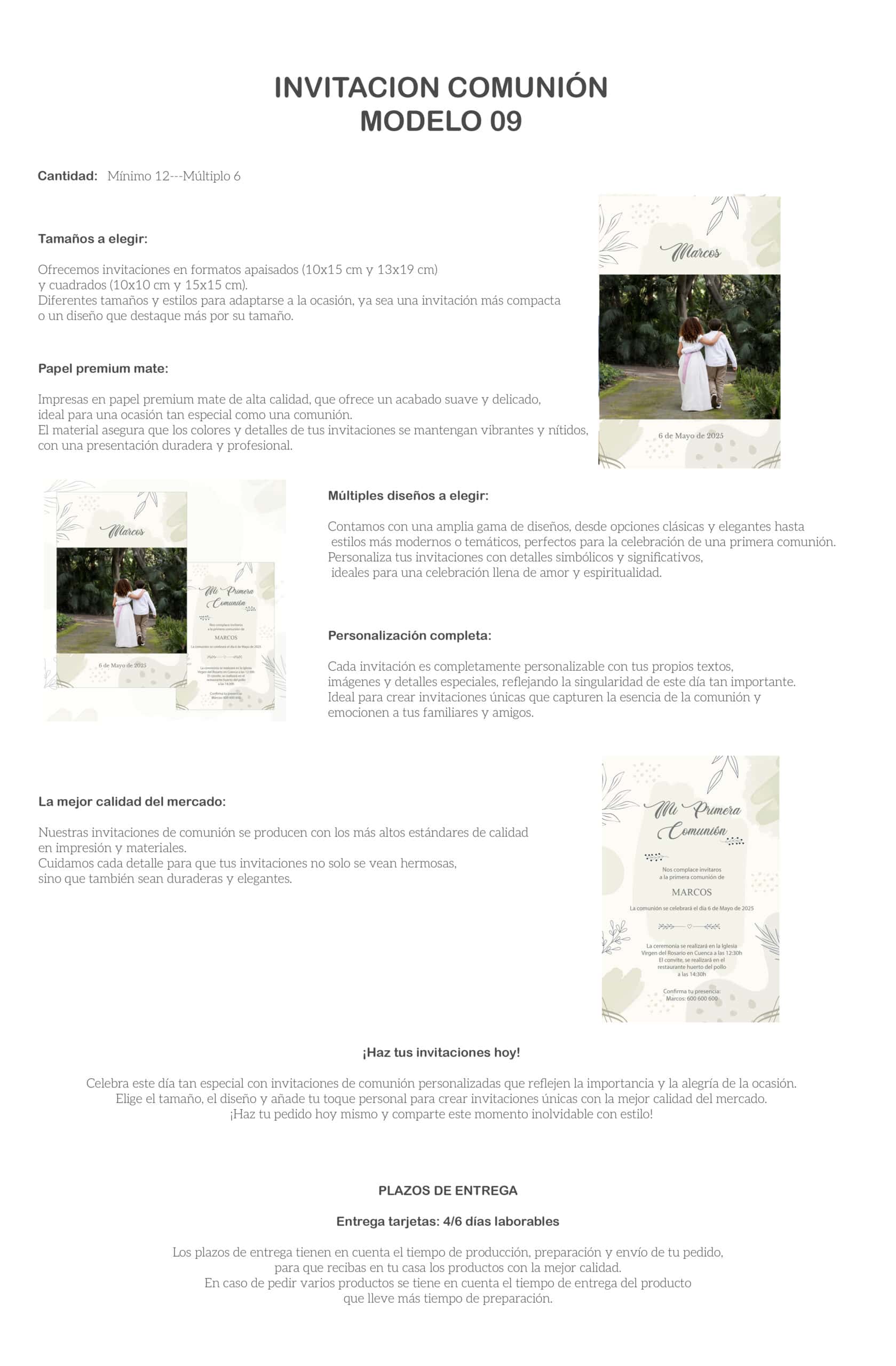 Boda conmemorativa en estilo floral y elegante, invitación para comunión en blanco y verde natural.