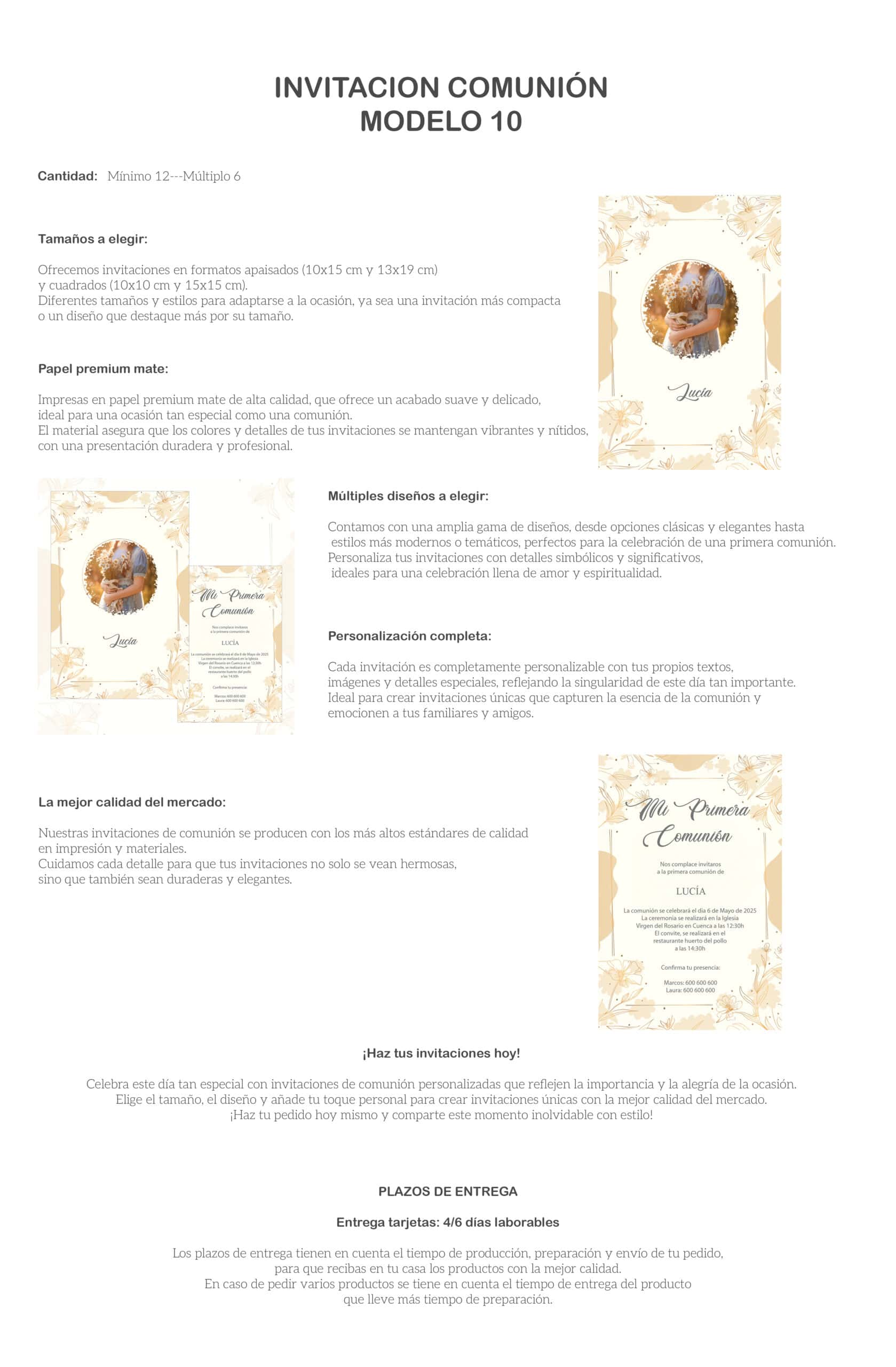 Invitaciones de primera comunión en diversos estilos y tamaños, personalizables y de alta calidad.