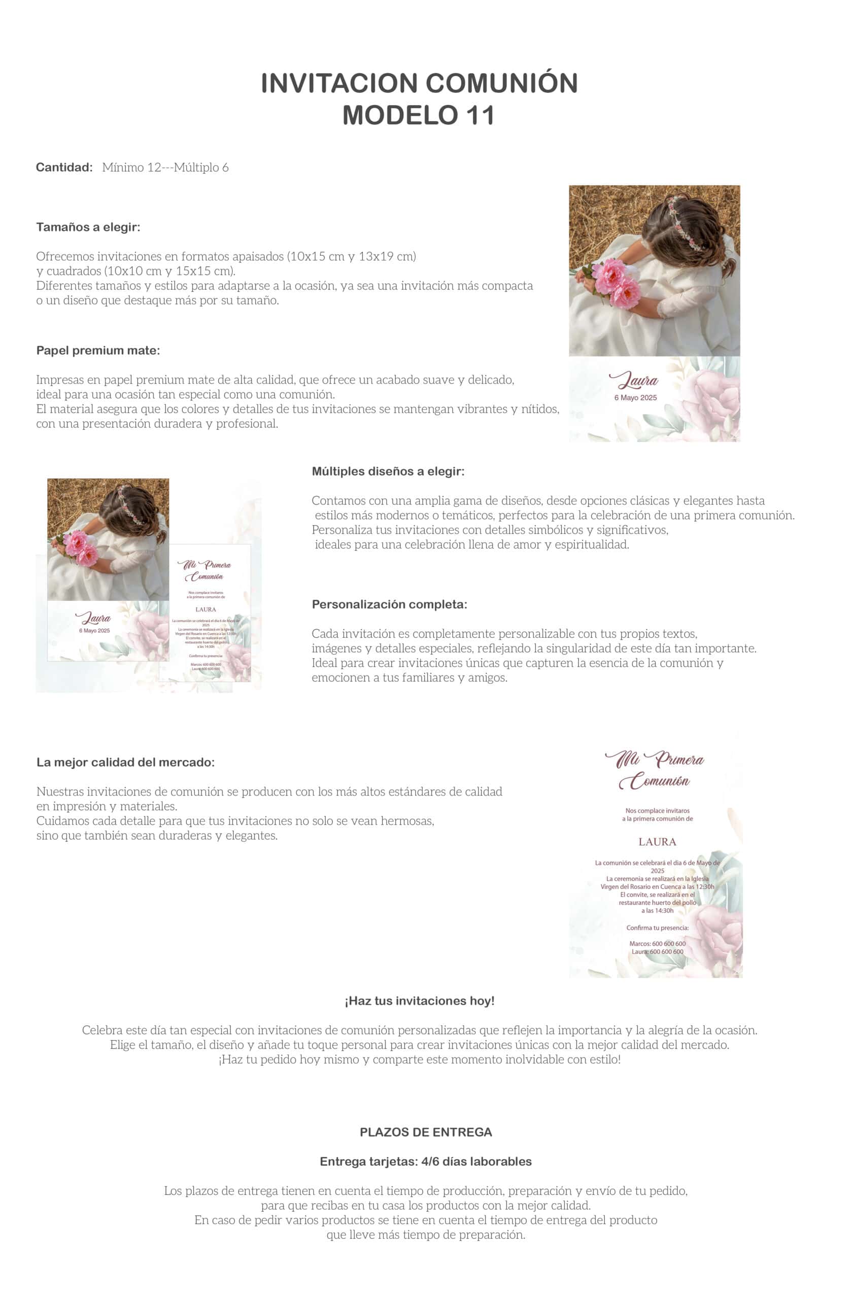 Invitación comunión personalizada con flores y diseño elegante para eventos especiales.