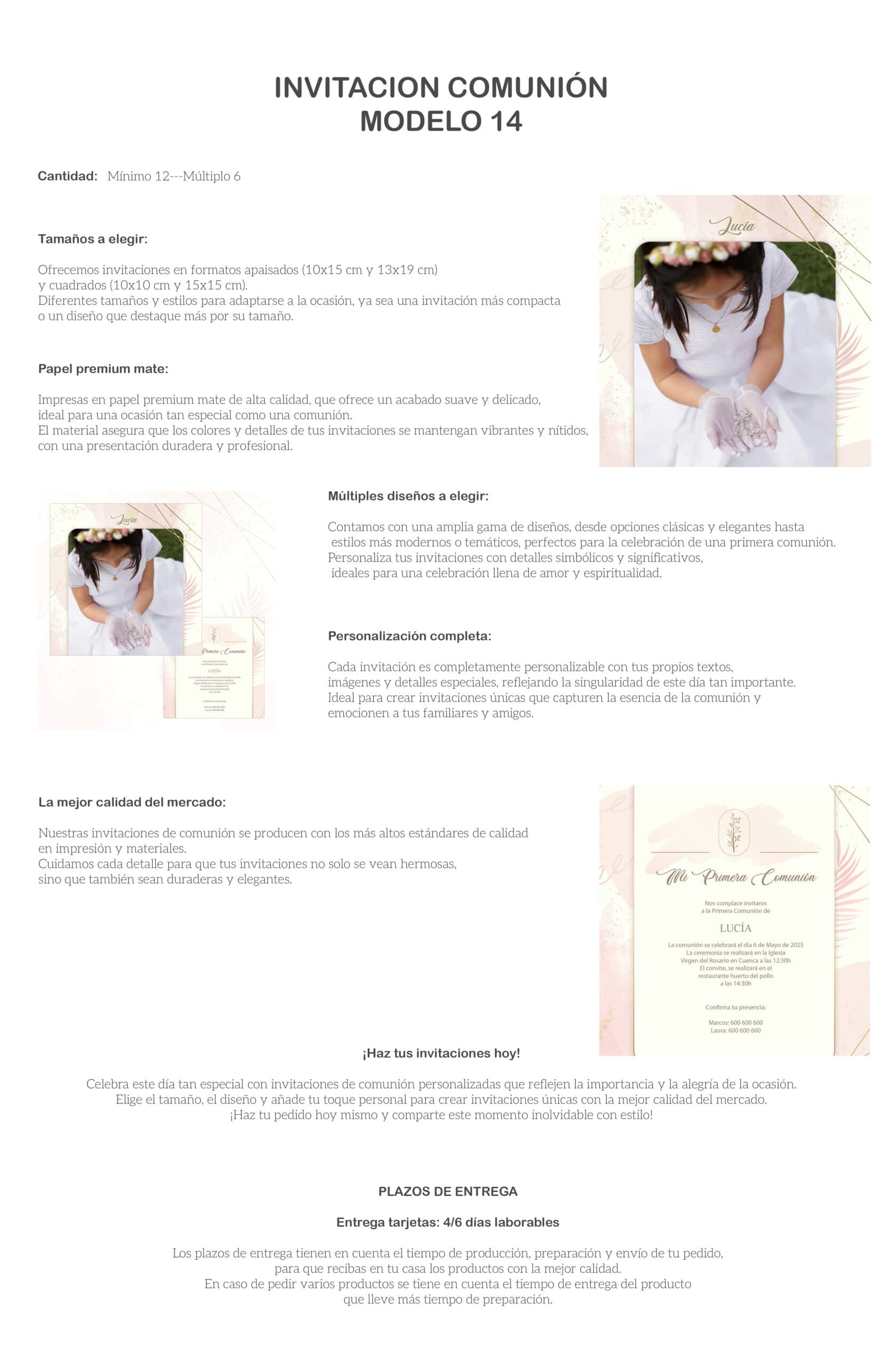 Invitaciones de primera comunión en papel premium de alta calidad con diseños personalizados y detalles simbólicos.