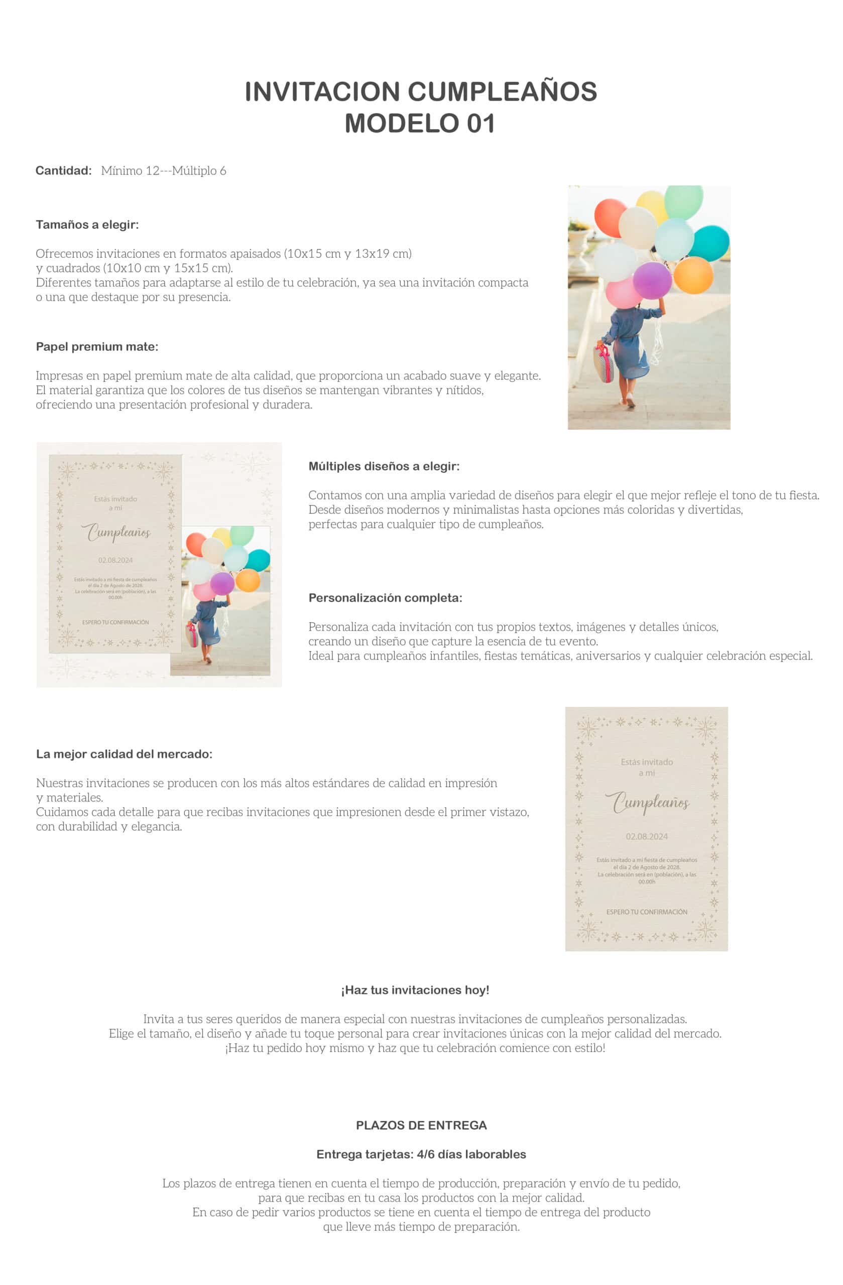 Invitación de cumpleaños con globos coloridos, diseño elegante y personalizado para celebrar eventos infantiles.