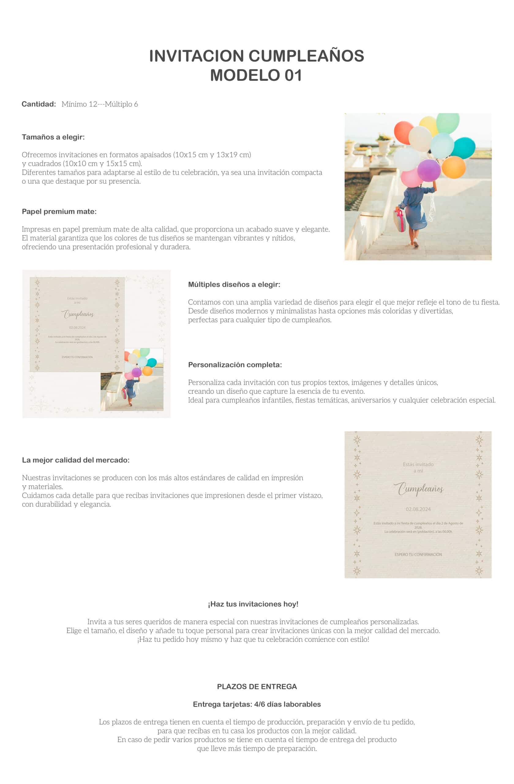 Tarjeta de invitación de cumpleaños con diseño elegante y personalizable, ideal para celebraciones infantiles.