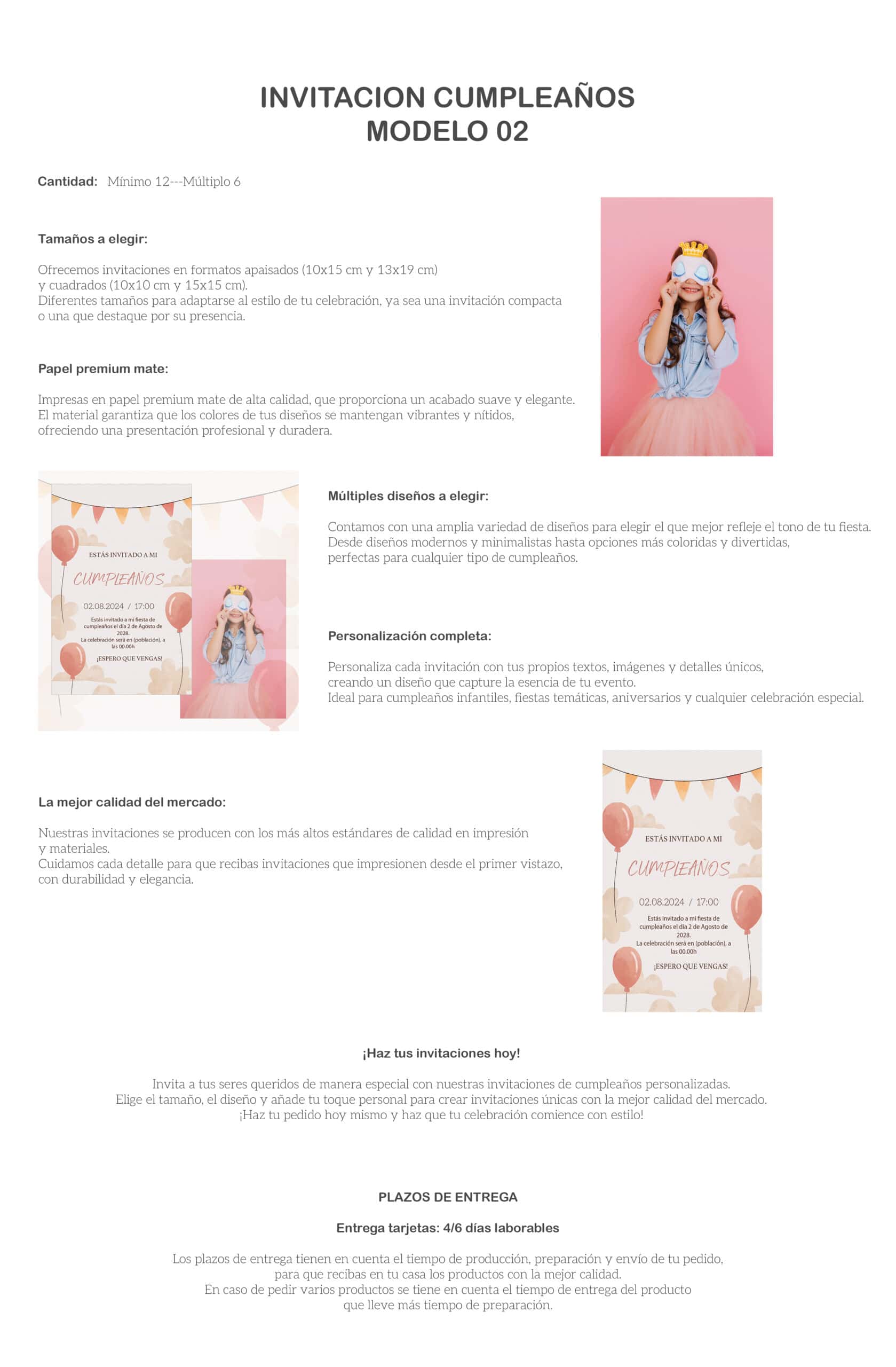 Invitación cumpleaños infantil con diseño moderno y personalizado en papel mate de alta calidad para momentos especiales.