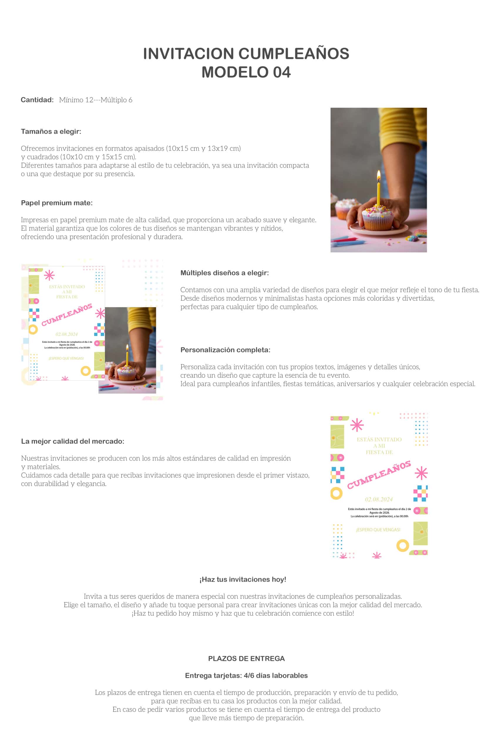 1. Invitación cumpleaños personalizada con diseño moderno y opciones en varios tamaños.