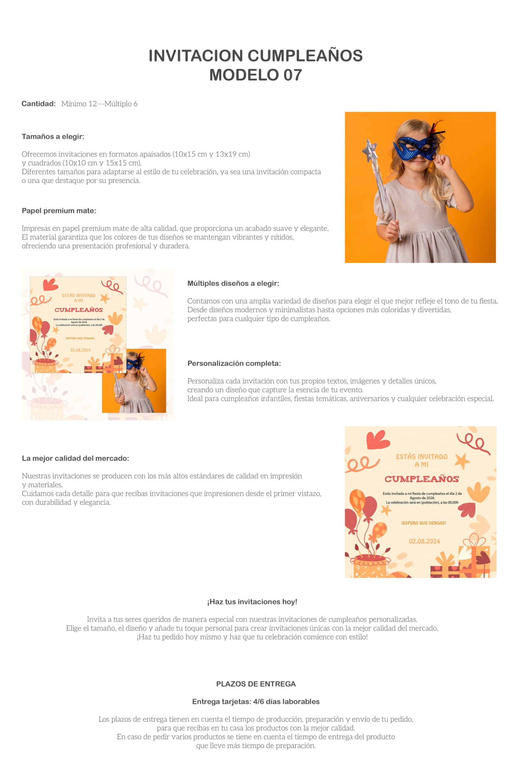 Niña con máscara de fiesta y varita, invitación de cumpleaños moderna y colorida.