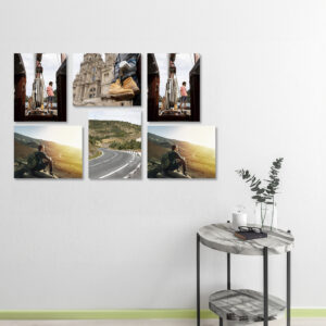 1. Fotografías de viajes con mochilas y paisajes en carretera y ciudad, estilo aventura.