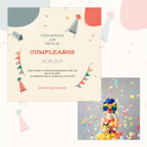 Fiesta de cumpleaños con invitación y payaso con confeti, celebración infantil alegre y colorida en primer plano.