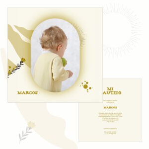 1. Niño con traje amarillo sosteniendo una manzana, invitación para bautizo.