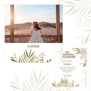 1. Niña en vestido blanco en playa con fondo de dunas y puesta de sol, invitación a evento especial.