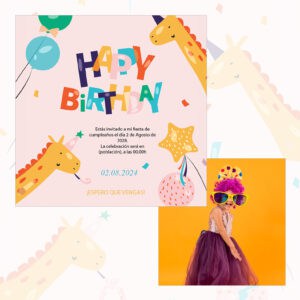 Fiesta de cumpleaños infantil con invitación colorida y divertida, ideal para eventos temáticos con niños.