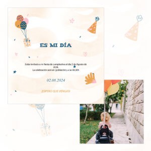 Feliz invitación de cumpleaños con globos y decoración infantil para fiesta temática.
