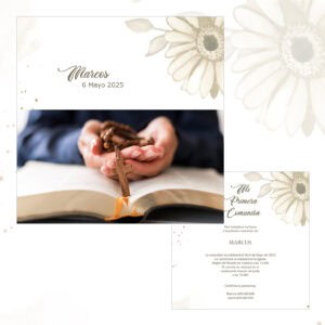 Corazón en la oración con rosario y biblia, invitación a comunión, celebración religiosa en iglesia.