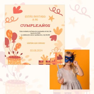 Fiesta de cumpleaños infantil con invitación y niña con máscara azul y sombrero de fiesta.