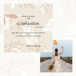 Invitación de cumpleaños elegante con hojas en colores tierra y foto de mujer con globos y flores.
