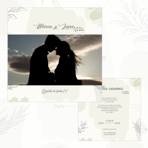 Boda romántica con siluetas de pareja al atardecer, invitación personalizada para boda.