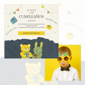 Fiesta de cumpleaños infantil con invitación y niño con gafas de piña, tema divertido y colorido para eventos infantiles.