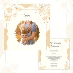 1. Invitación a primera comunión con diseño floral y foto de niña con ramo de flores.