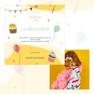 Invitación de cumpleaños con temática festiva y colorida para niños y adultos, ideal para celebrar en cualquier lugar.