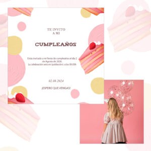 1. Invitación cumpleaños rosa con pastel y globos, fiesta infantil, celebración de cumpleaños.