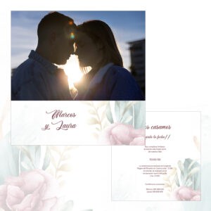 Amor romanticismo pareja en sunset, invitación boda florecer, invitación digital elegante, creatividad floral en diseño de invitación.