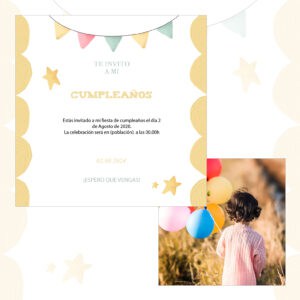 Diversión y celebración en una invitación de cumpleaños con globos y adornos coloridos, ideal para eventos infantiles y fotos festivas.