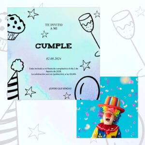 Fiesta de cumpleaños infantil con invitación y payaso divertido, celebración colorida y alegre.