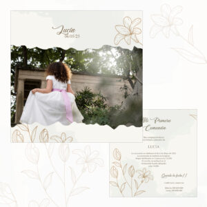 Niña en vestido de comunión en jardín, invitación para primera comunión.