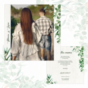 Mujer con cabello largo en invitación de boda con diseño floral y natural.