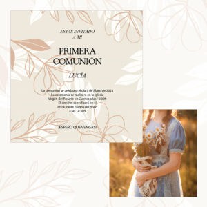 Invitación a primera comunión con diseño floral en tonos suaves, para eventos religiosos y celebraciones.