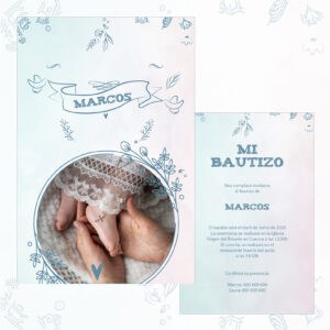 Bautizo bebé Marcos con invitación en azul y detalles elegantes, fotografía de manos del bebé con adulto.
