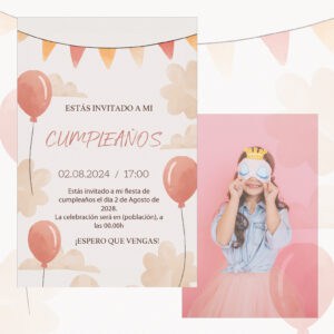 1. Invitación cumpleaños infantil con globos y decoraciones alegres en tonos pastel.
